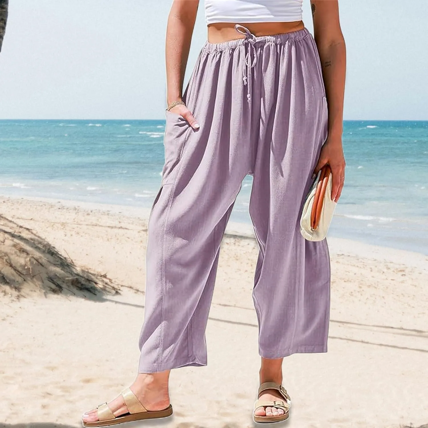 Womens Casual Drawstring Elastic Waist Comfy Cotton Linen Pants Summer Loose Ankle Length Slacks Beach with Pockets