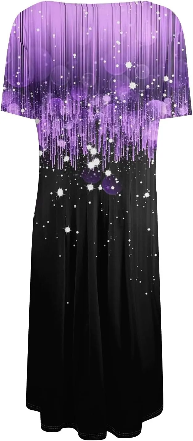Women's Casual Dresses 2025 Summer Loose Trendy Short Sleeve Crew Neck Sequin Stripe Floral Print Dress Plus Size, S-3XL