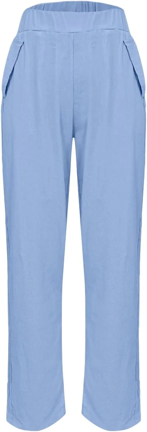 Women's Casual Elastic Waist Pants Loose Fit Solid Fashion Trousers Work Office Ankle Length Pant with Pockets