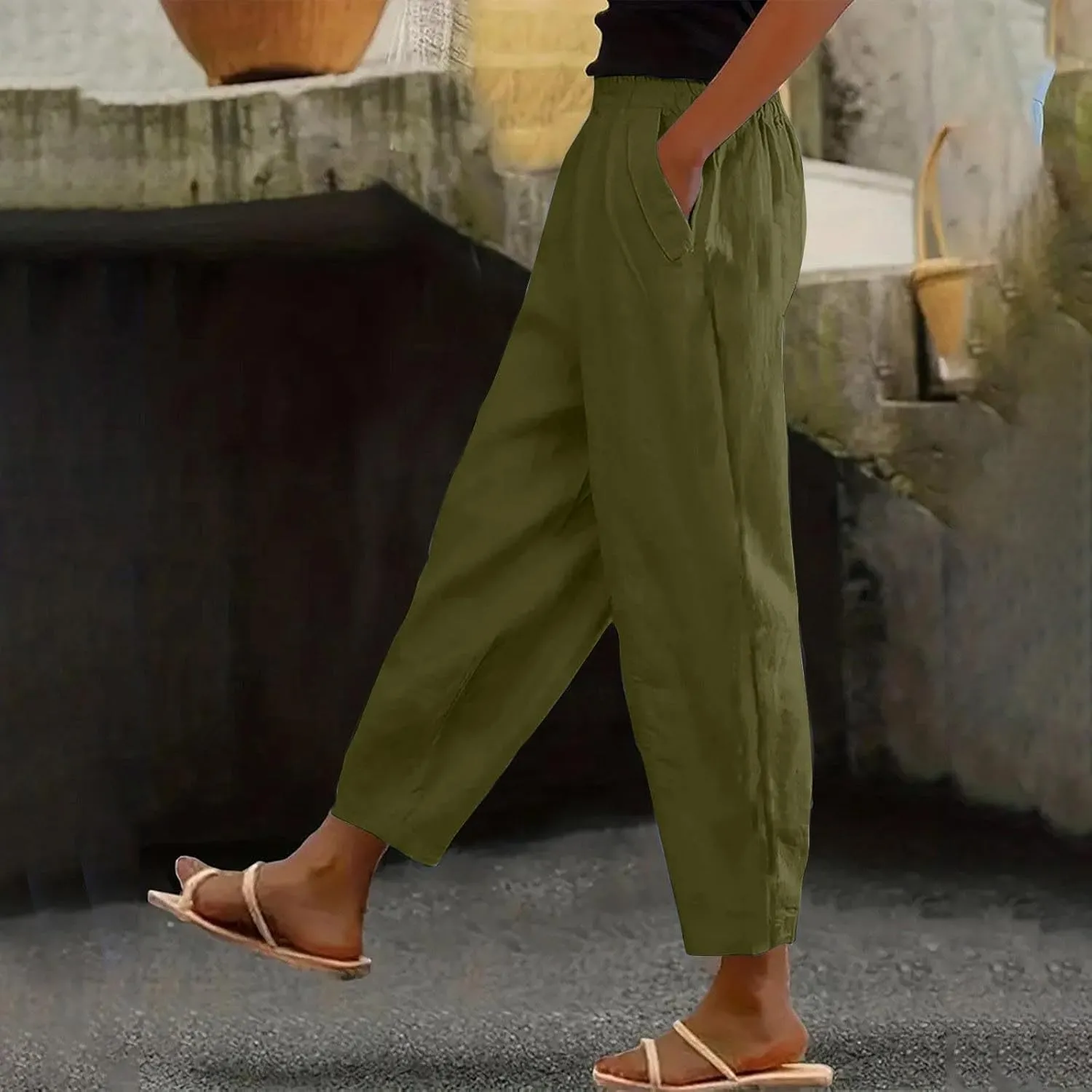 Women's Casual Elastic Waist Pants Loose Fit Solid Fashion Trousers Work Office Ankle Length Pant with Pockets