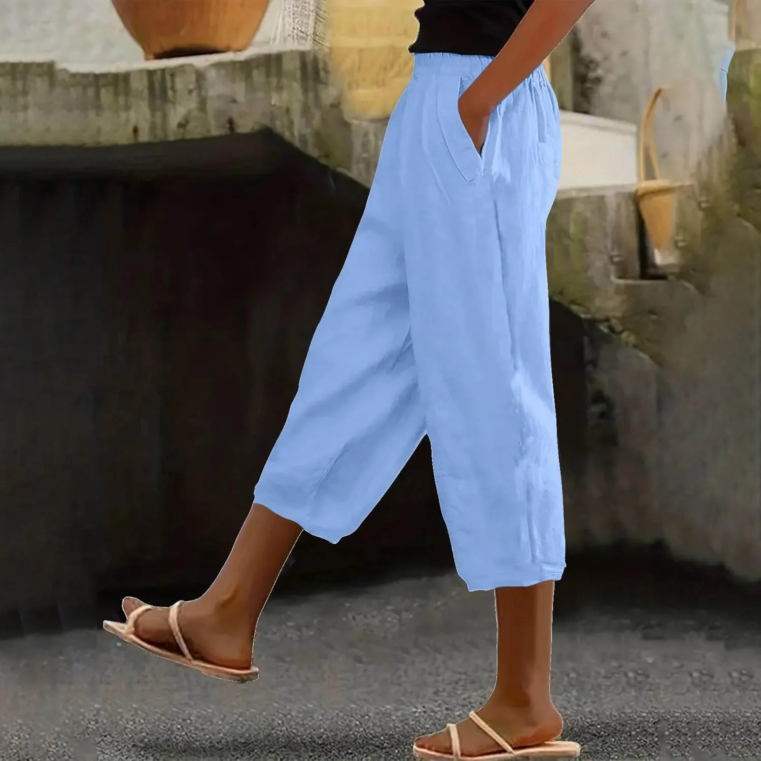 Women's Casual Elastic Waist Pants Loose Fit Solid Fashion Trousers Work Office Ankle Length Pant with Pockets
