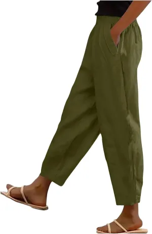 Women's Casual Elastic Waist Pants Loose Fit Solid Fashion Trousers Work Office Ankle Length Pant with Pockets