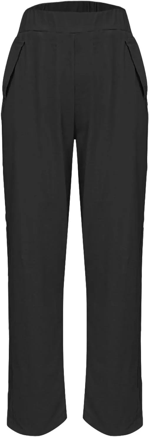 Women's Casual Elastic Waist Pants Loose Fit Solid Fashion Trousers Work Office Ankle Length Pant with Pockets