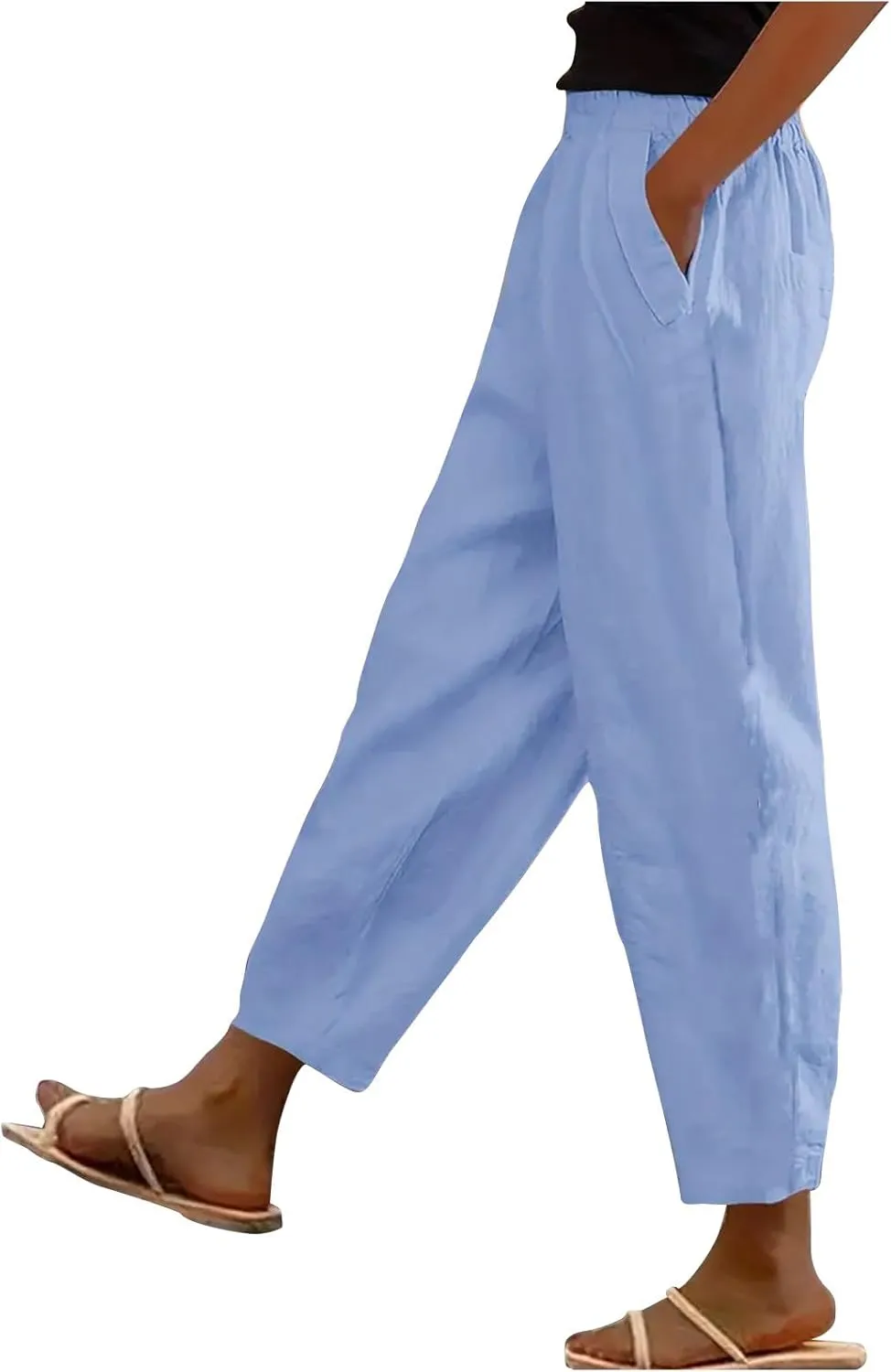 Women's Casual Elastic Waist Pants Loose Fit Solid Fashion Trousers Work Office Ankle Length Pant with Pockets