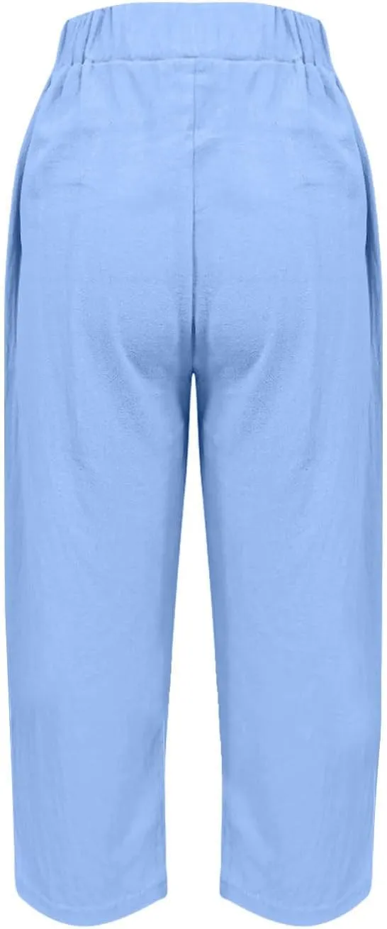 Women's Casual Elastic Waist Pants Loose Fit Solid Fashion Trousers Work Office Ankle Length Pant with Pockets