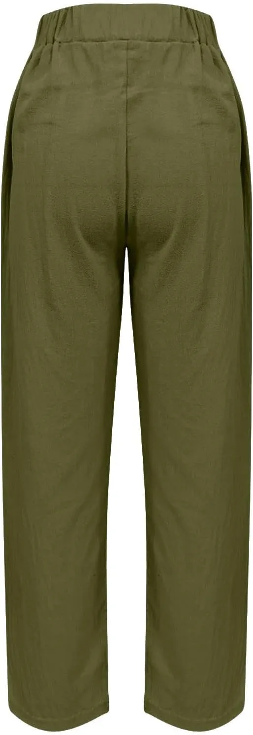Women's Casual Elastic Waist Pants Loose Fit Solid Fashion Trousers Work Office Ankle Length Pant with Pockets
