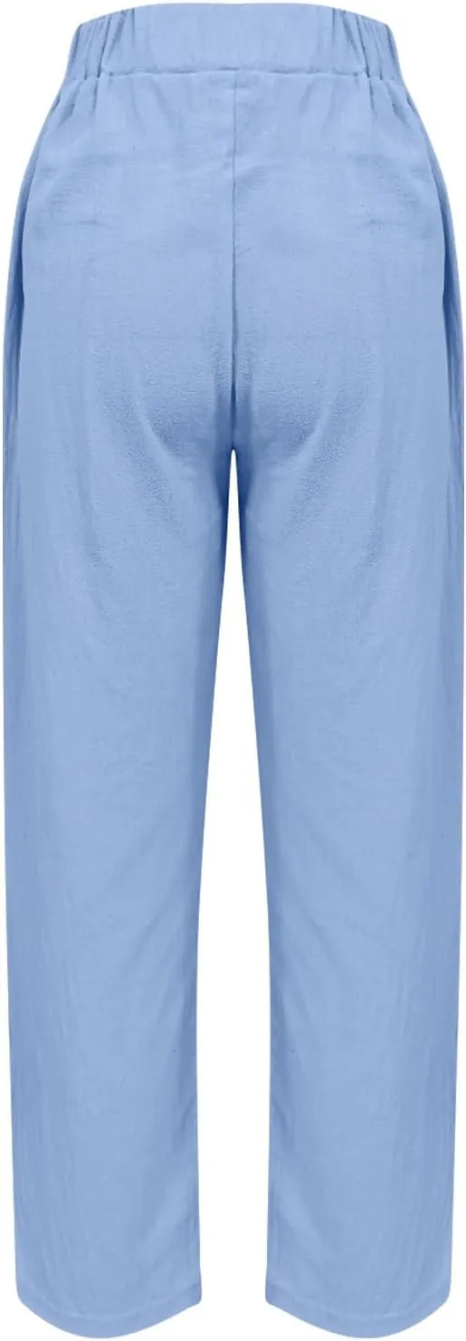 Women's Casual Elastic Waist Pants Loose Fit Solid Fashion Trousers Work Office Ankle Length Pant with Pockets