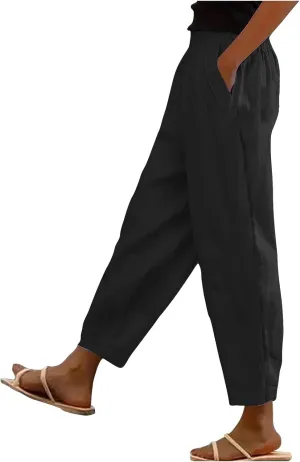 Women's Casual Elastic Waist Pants Loose Fit Solid Fashion Trousers Work Office Ankle Length Pant with Pockets