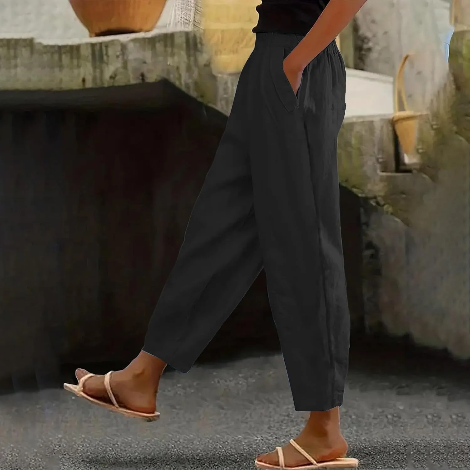 Women's Casual Elastic Waist Pants Loose Fit Solid Fashion Trousers Work Office Ankle Length Pant with Pockets
