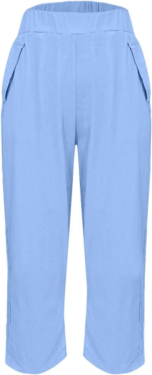 Women's Casual Elastic Waist Pants Loose Fit Solid Fashion Trousers Work Office Ankle Length Pant with Pockets
