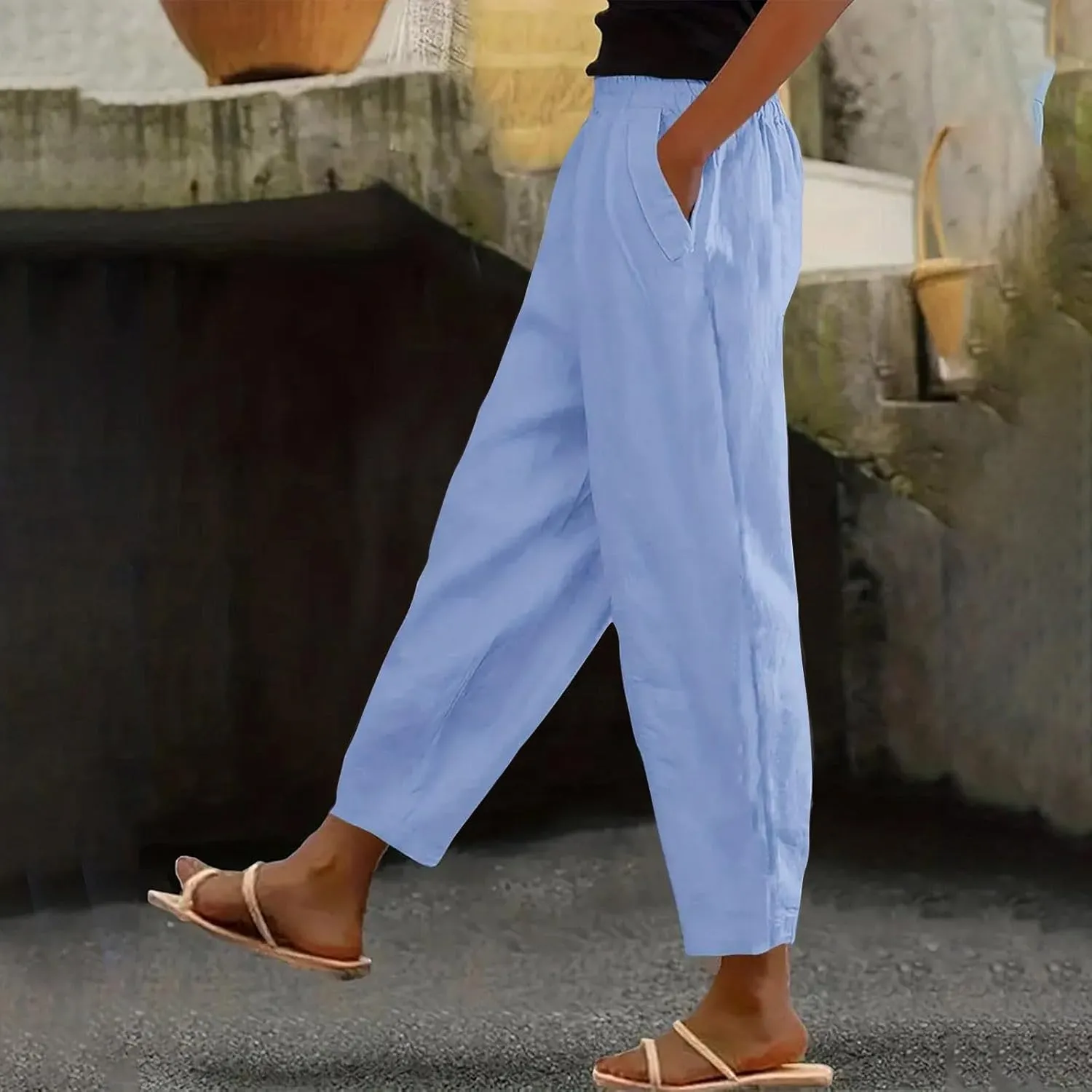 Women's Casual Elastic Waist Pants Loose Fit Solid Fashion Trousers Work Office Ankle Length Pant with Pockets