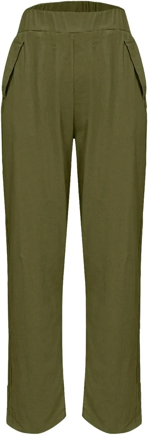 Women's Casual Elastic Waist Pants Loose Fit Solid Fashion Trousers Work Office Ankle Length Pant with Pockets