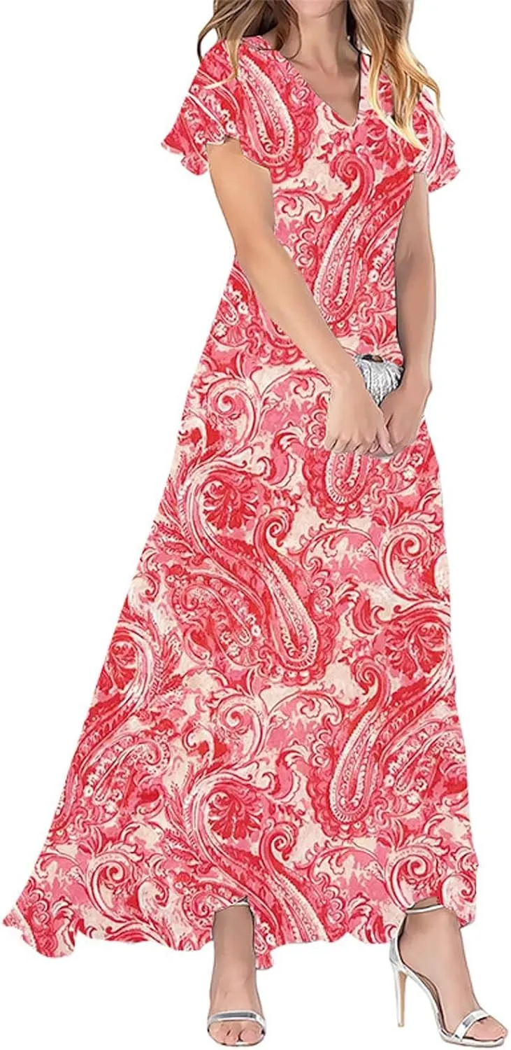 Womens Casual Flowy Chiffon Maxi Floral Dress, A-line Ruffle Short Sleeve V Neck Empire Waist Long Dresses for Women