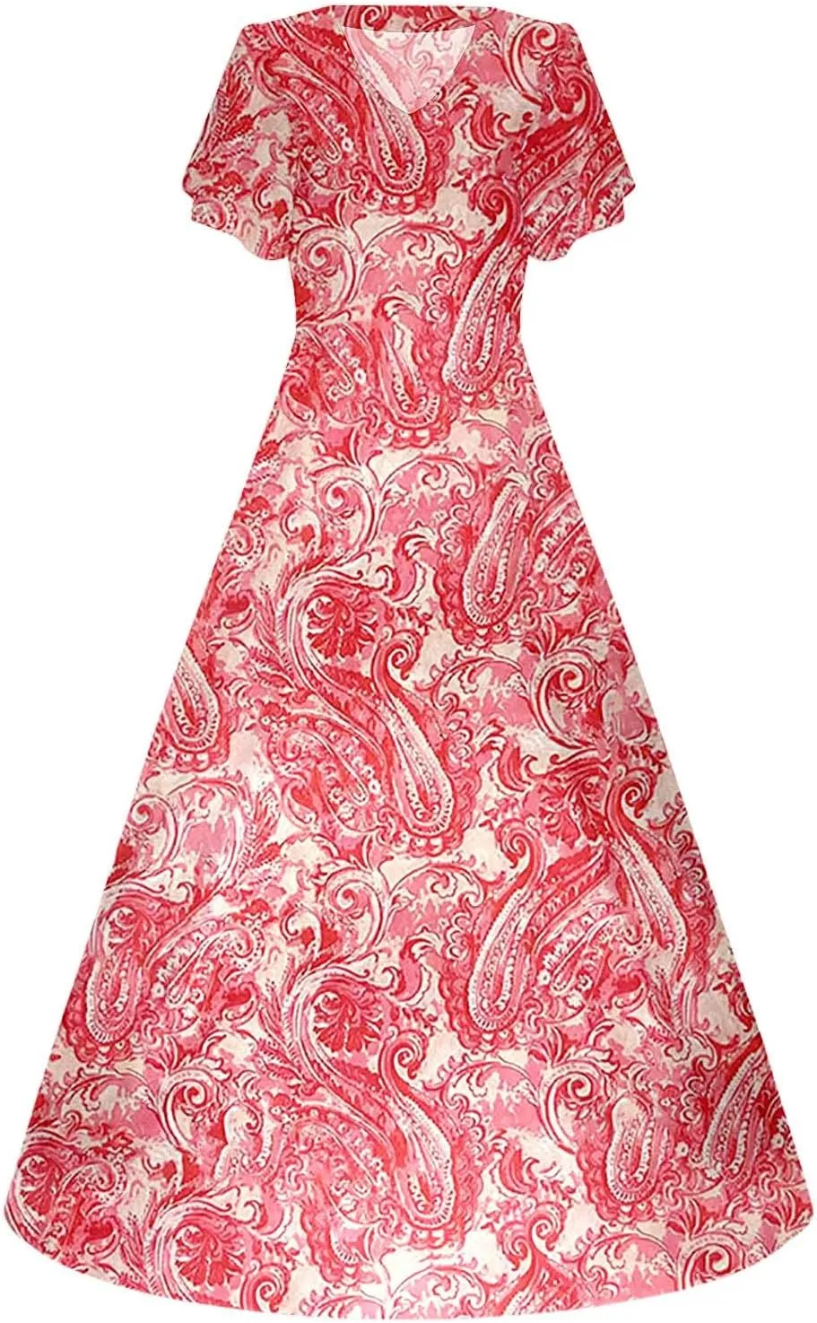 Womens Casual Flowy Chiffon Maxi Floral Dress, A-line Ruffle Short Sleeve V Neck Empire Waist Long Dresses for Women