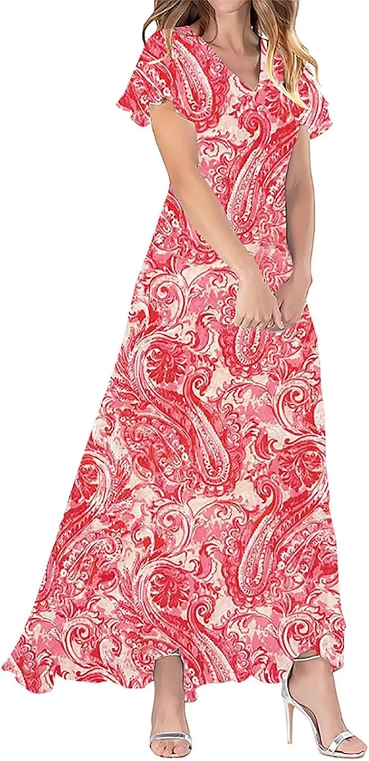 Womens Casual Flowy Chiffon Maxi Floral Dress, A-line Ruffle Short Sleeve V Neck Empire Waist Long Dresses for Women