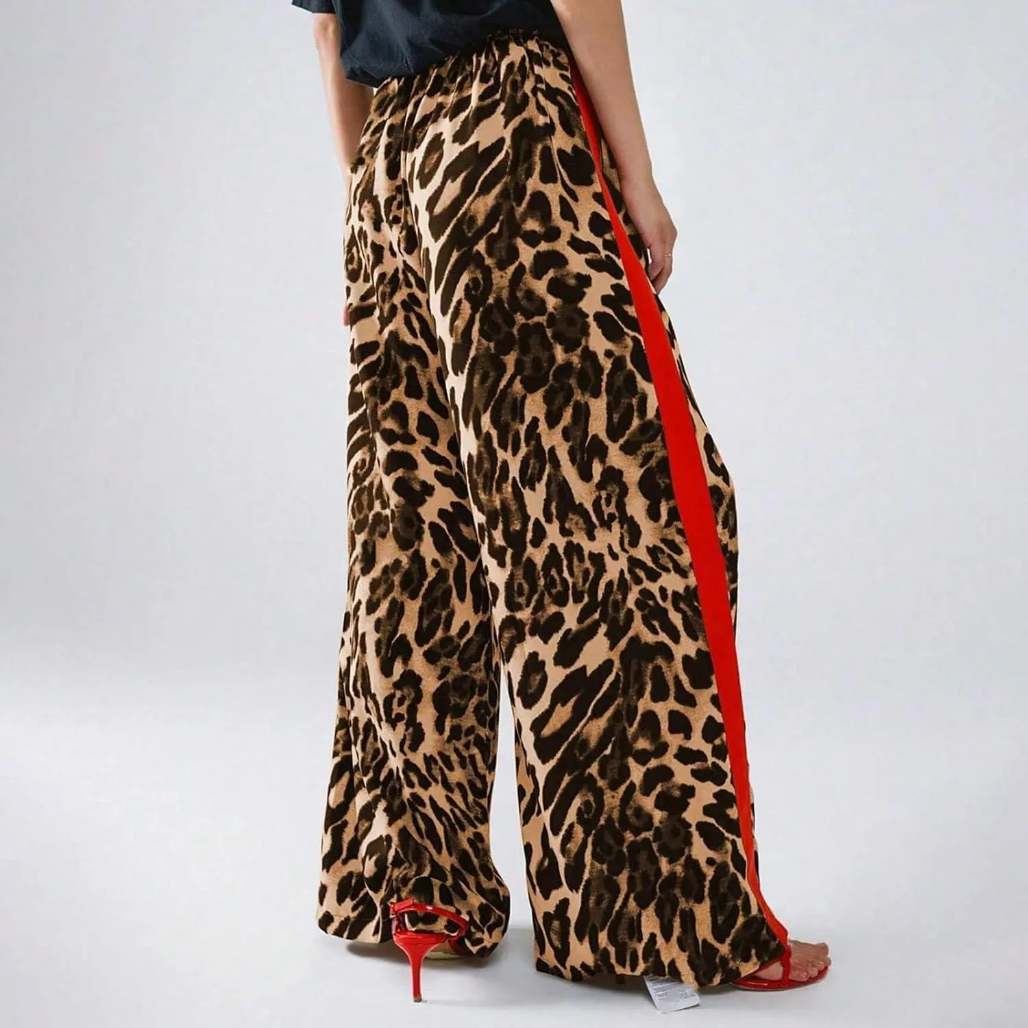 Women's Casual High Waisted Pants Retro Leopard Print Side Striped Wide Leg Slim Pants for Streetwear Baddie Style