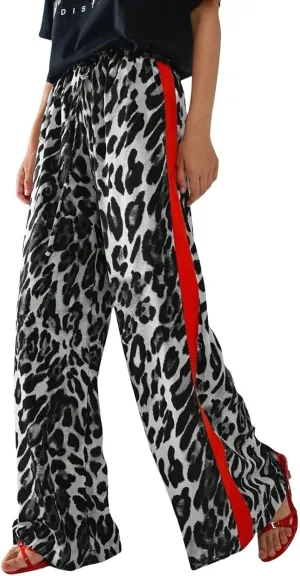 Women's Casual High Waisted Pants Retro Leopard Print Side Striped Wide Leg Slim Pants for Streetwear Baddie Style