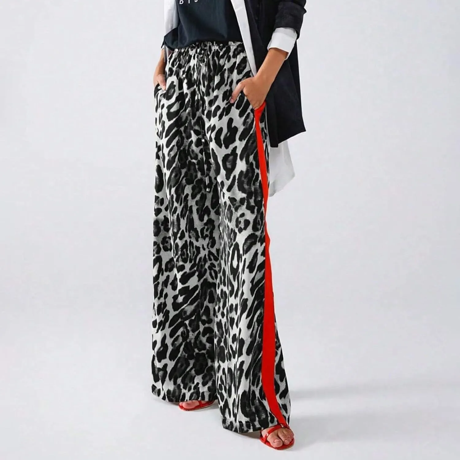 Women's Casual High Waisted Pants Retro Leopard Print Side Striped Wide Leg Slim Pants for Streetwear Baddie Style
