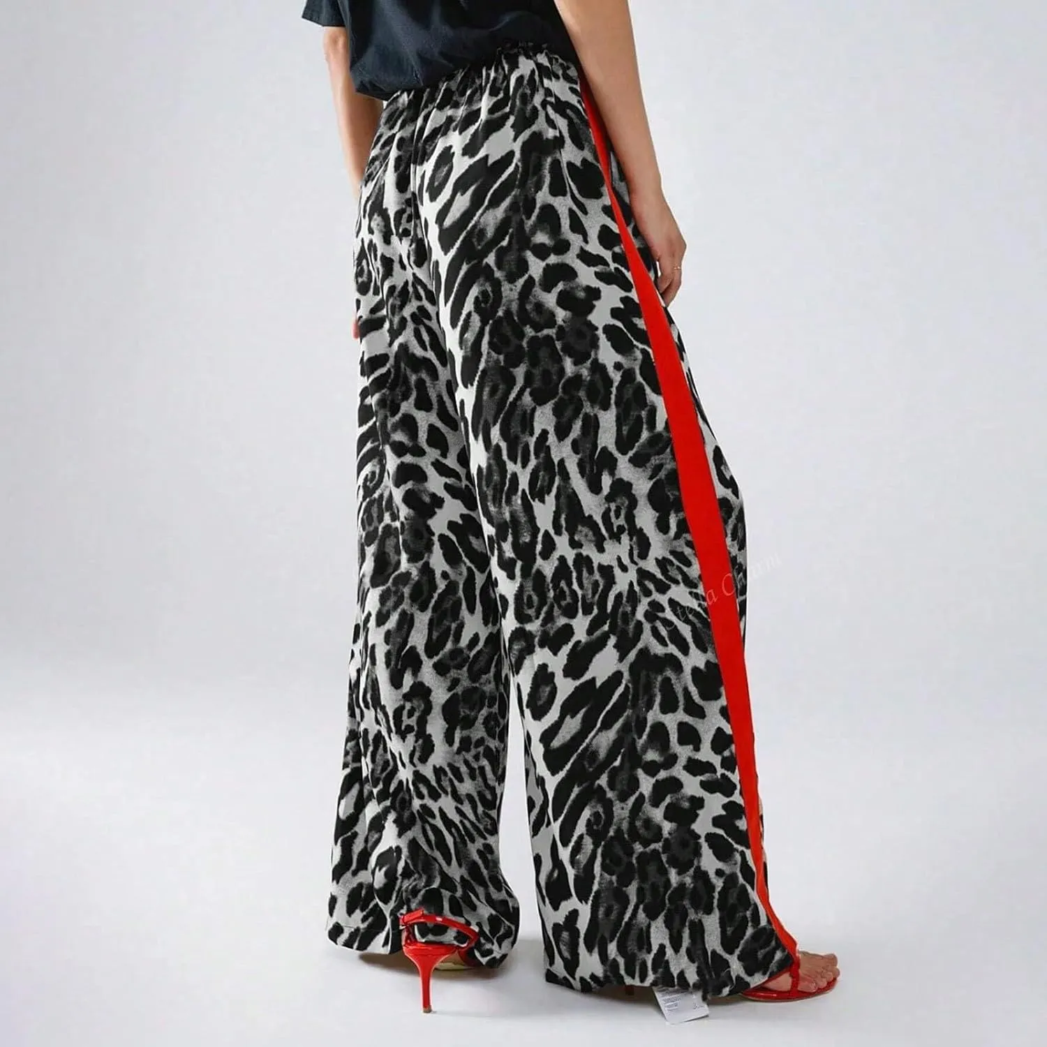 Women's Casual High Waisted Pants Retro Leopard Print Side Striped Wide Leg Slim Pants for Streetwear Baddie Style