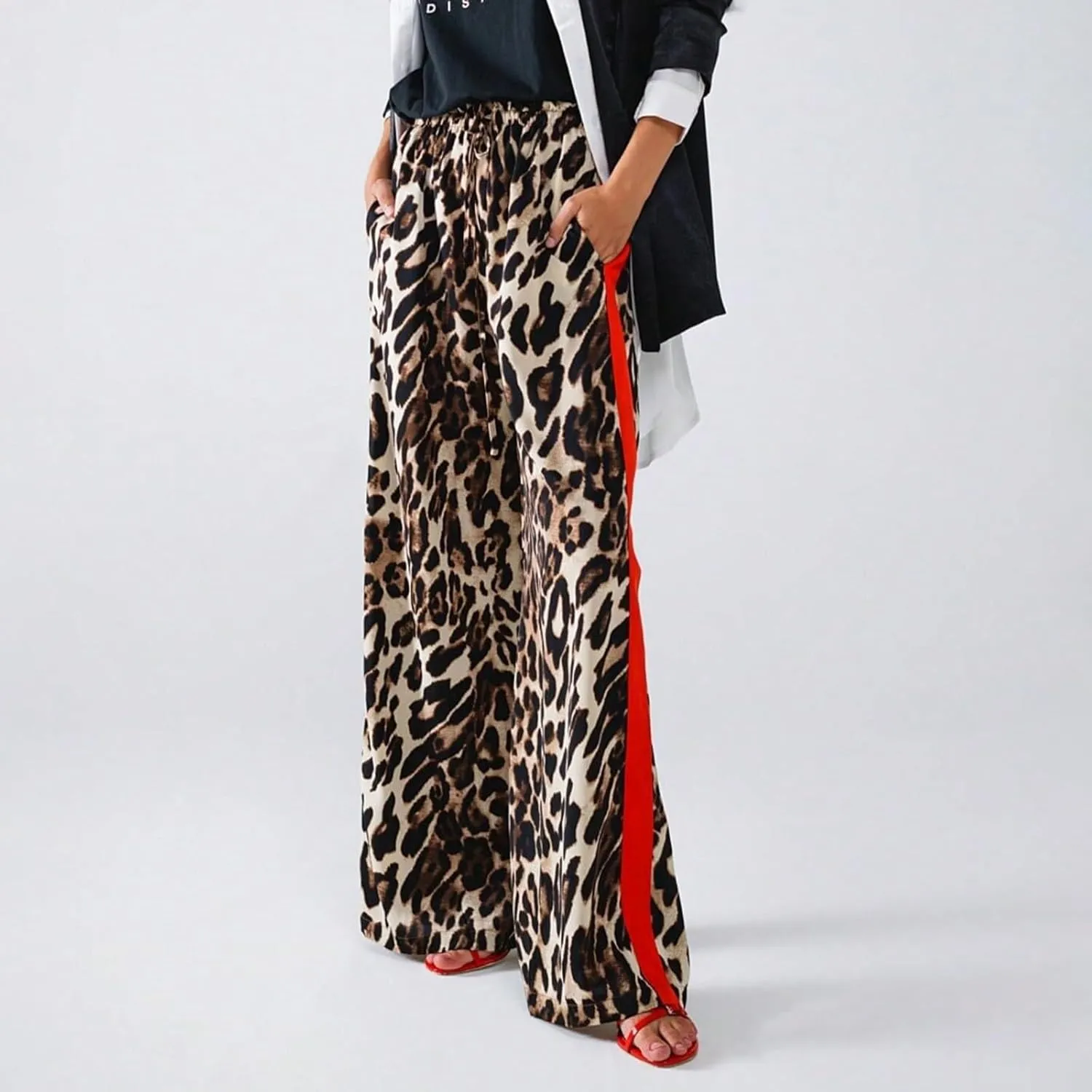 Women's Casual High Waisted Pants Retro Leopard Print Side Striped Wide Leg Slim Pants for Streetwear Baddie Style