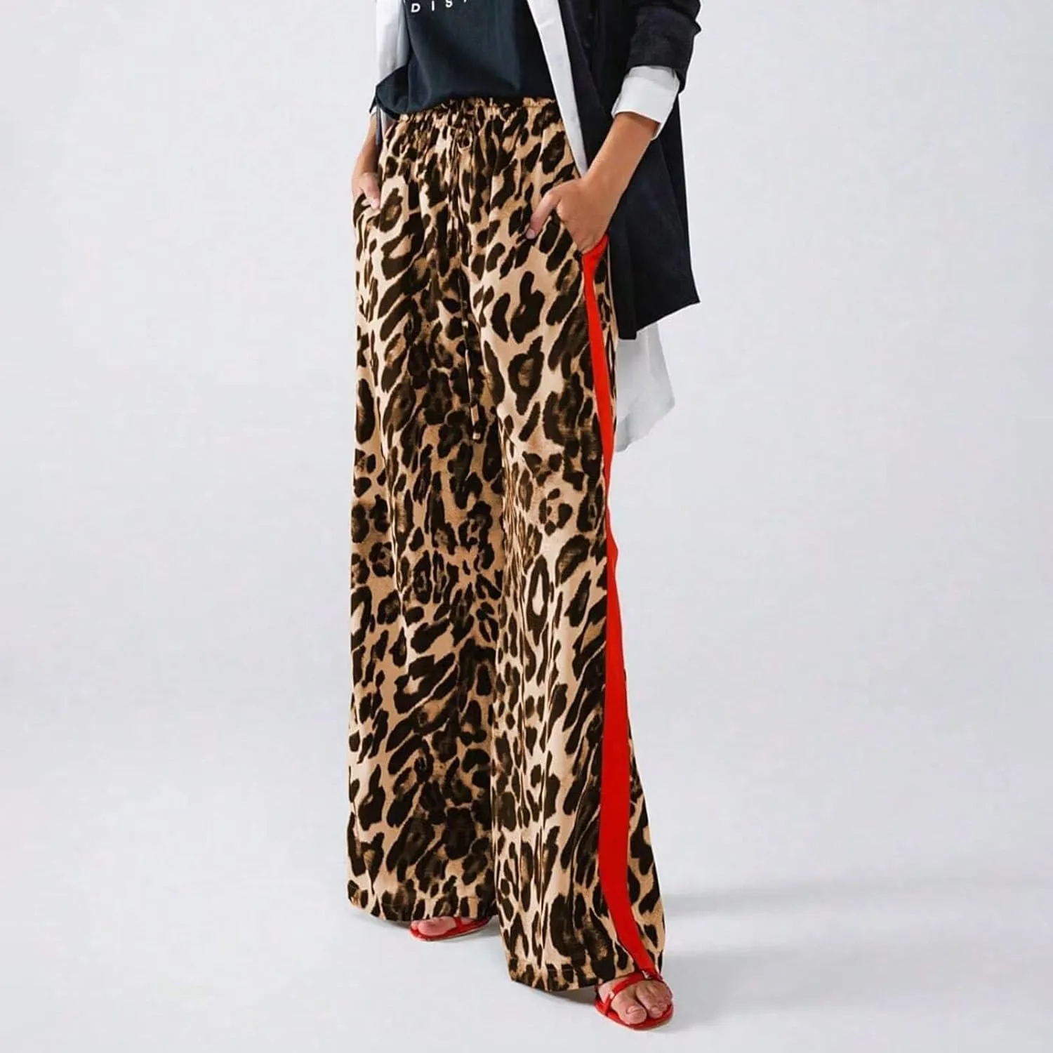 Women's Casual High Waisted Pants Retro Leopard Print Side Striped Wide Leg Slim Pants for Streetwear Baddie Style