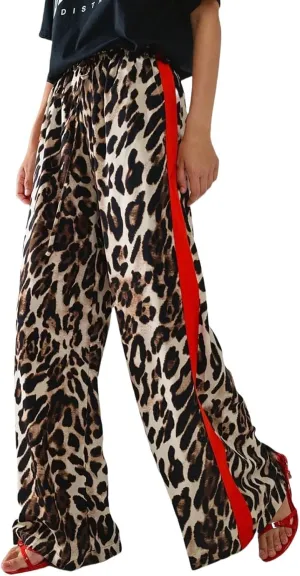 Women's Casual High Waisted Pants Retro Leopard Print Side Striped Wide Leg Slim Pants for Streetwear Baddie Style