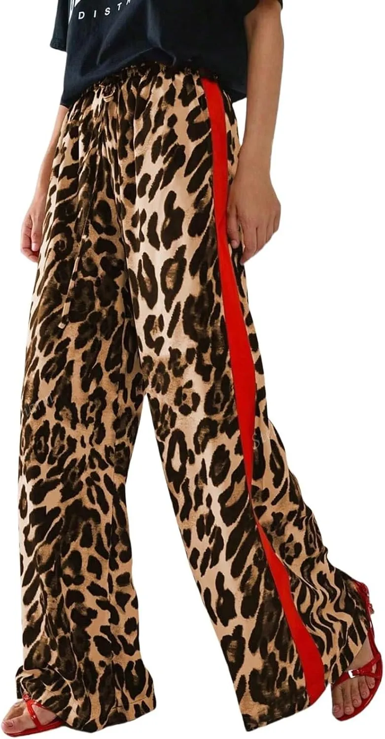 Women's Casual High Waisted Pants Retro Leopard Print Side Striped Wide Leg Slim Pants for Streetwear Baddie Style