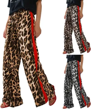 Women's Casual High Waisted Pants Retro Leopard Print Side Striped Wide Leg Slim Pants for Streetwear Baddie Style