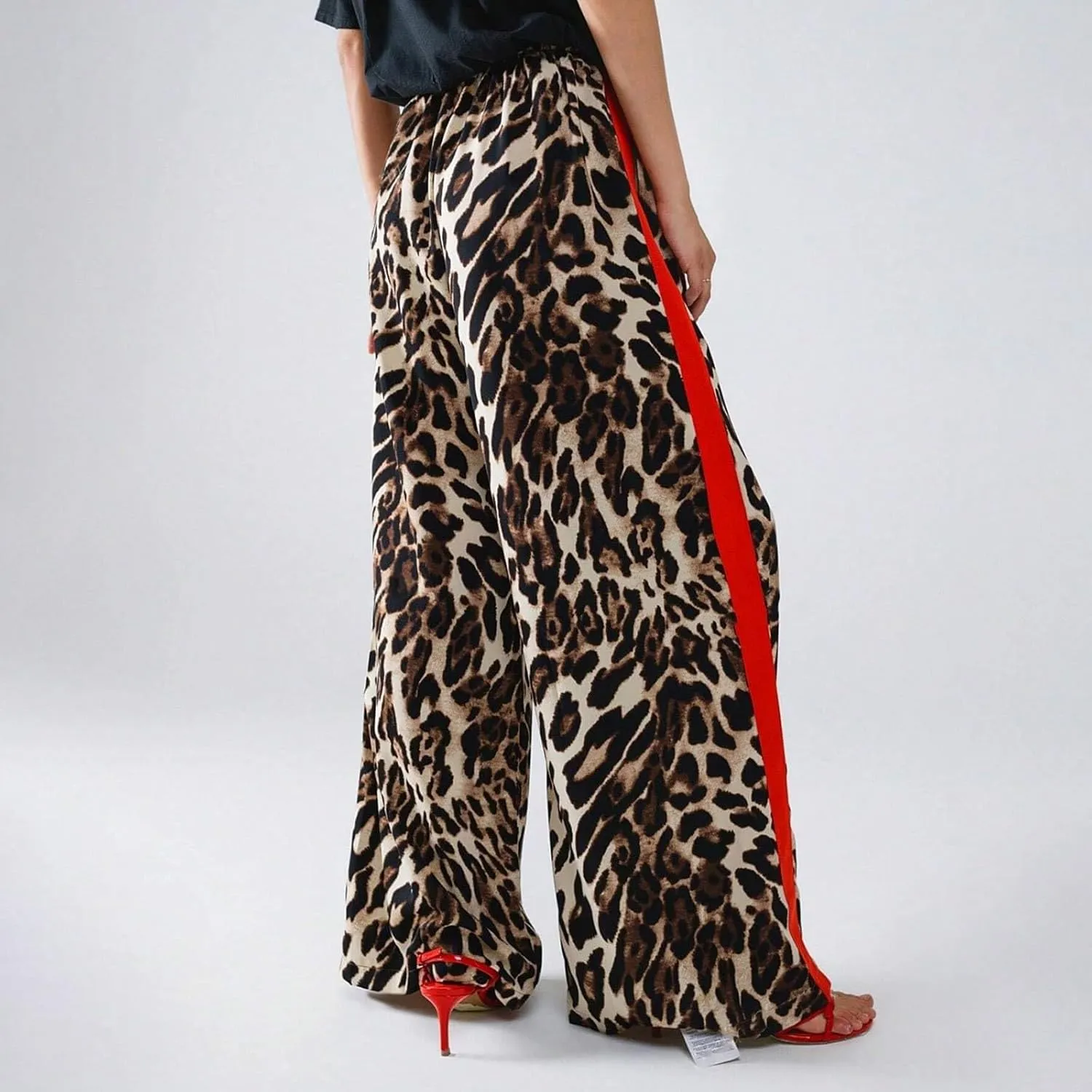 Women's Casual High Waisted Pants Retro Leopard Print Side Striped Wide Leg Slim Pants for Streetwear Baddie Style