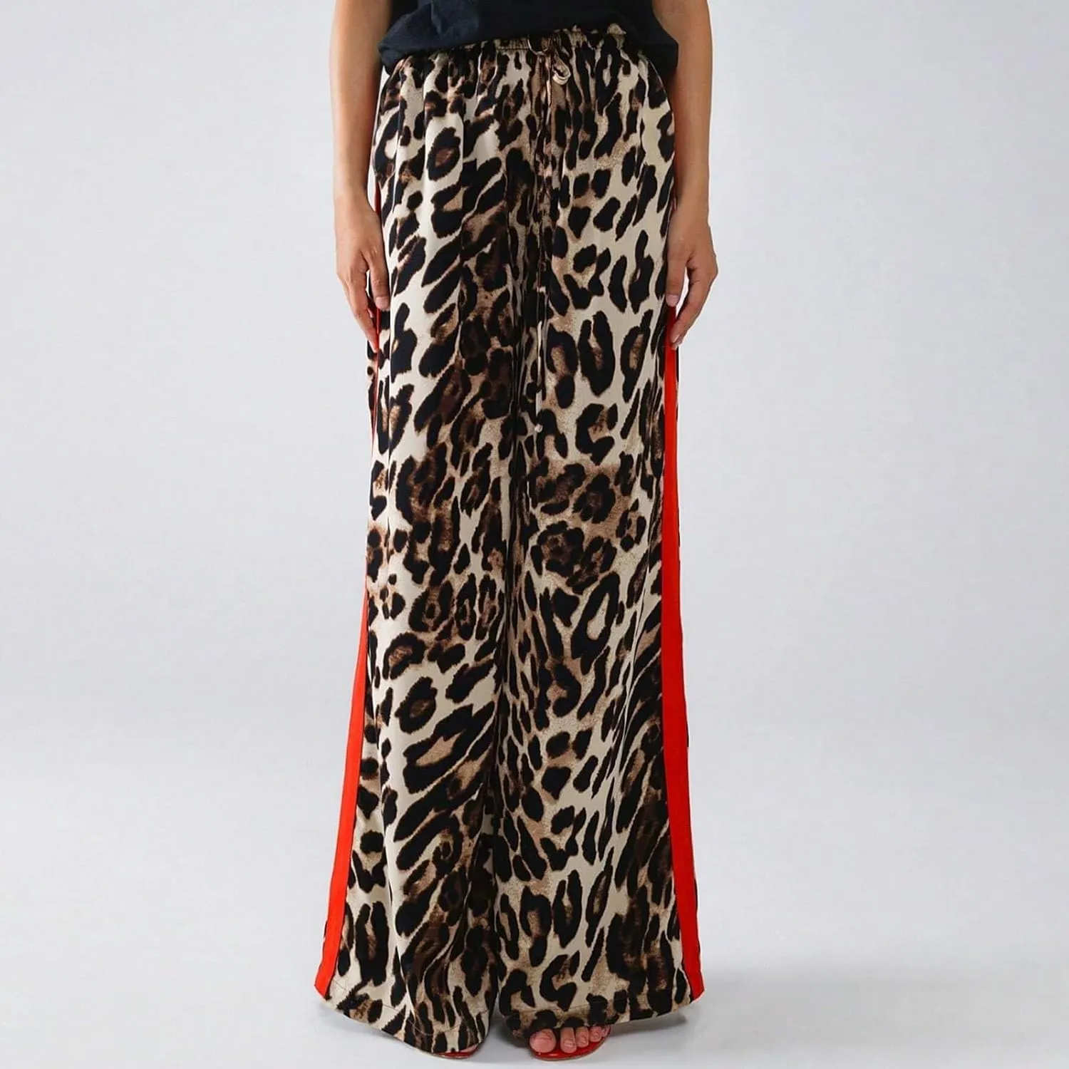 Women's Casual High Waisted Pants Retro Leopard Print Side Striped Wide Leg Slim Pants for Streetwear Baddie Style