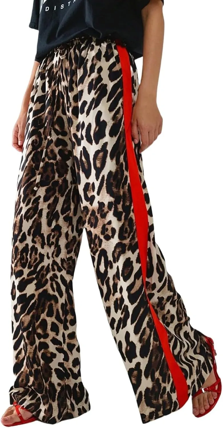 Women's Casual High Waisted Pants Retro Leopard Print Side Striped Wide Leg Slim Pants for Streetwear Baddie Style