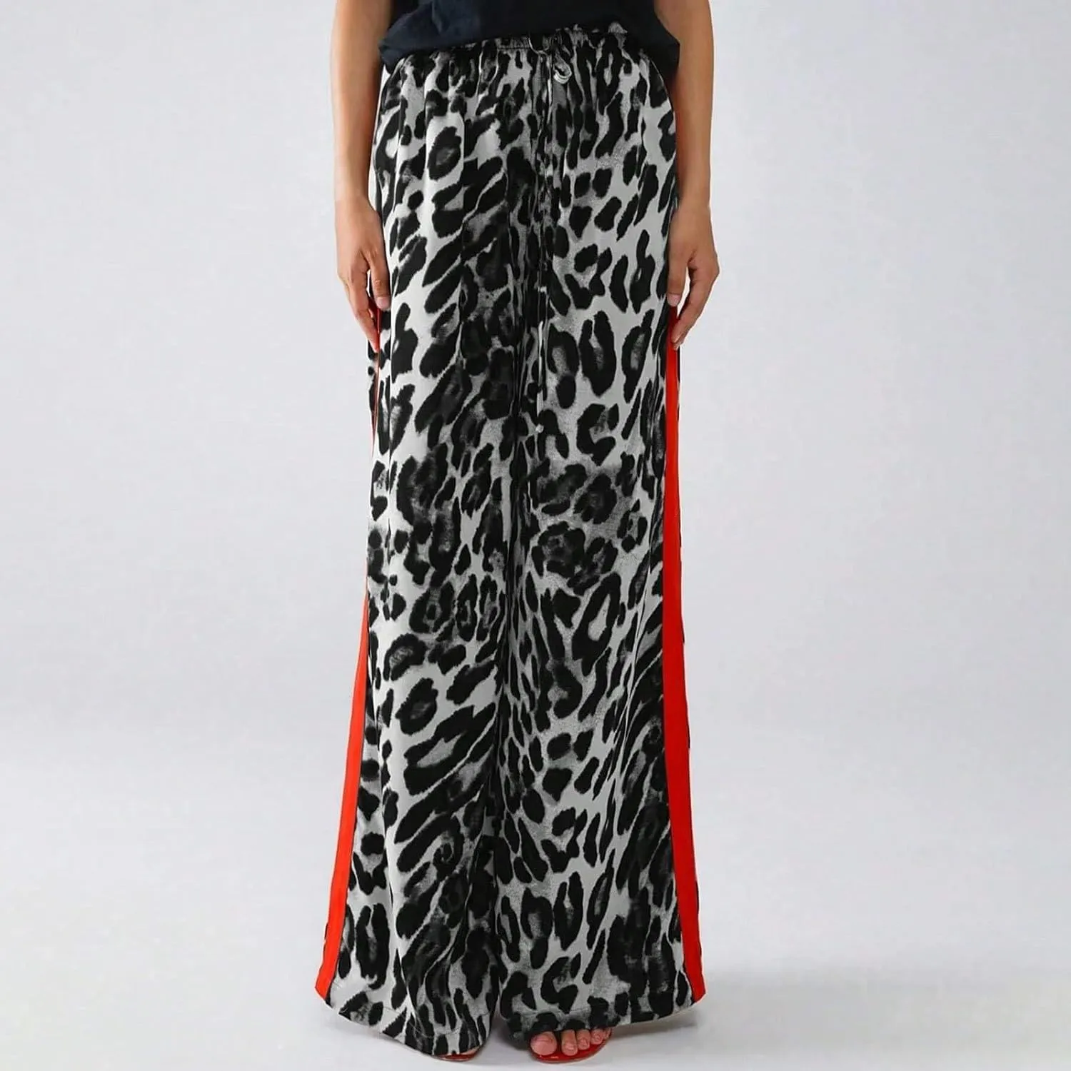 Women's Casual High Waisted Pants Retro Leopard Print Side Striped Wide Leg Slim Pants for Streetwear Baddie Style