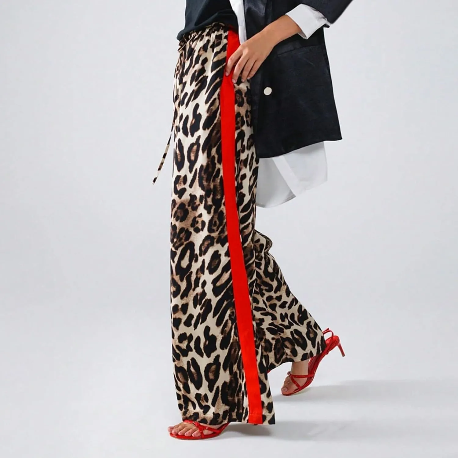 Women's Casual High Waisted Pants Retro Leopard Print Side Striped Wide Leg Slim Pants for Streetwear Baddie Style