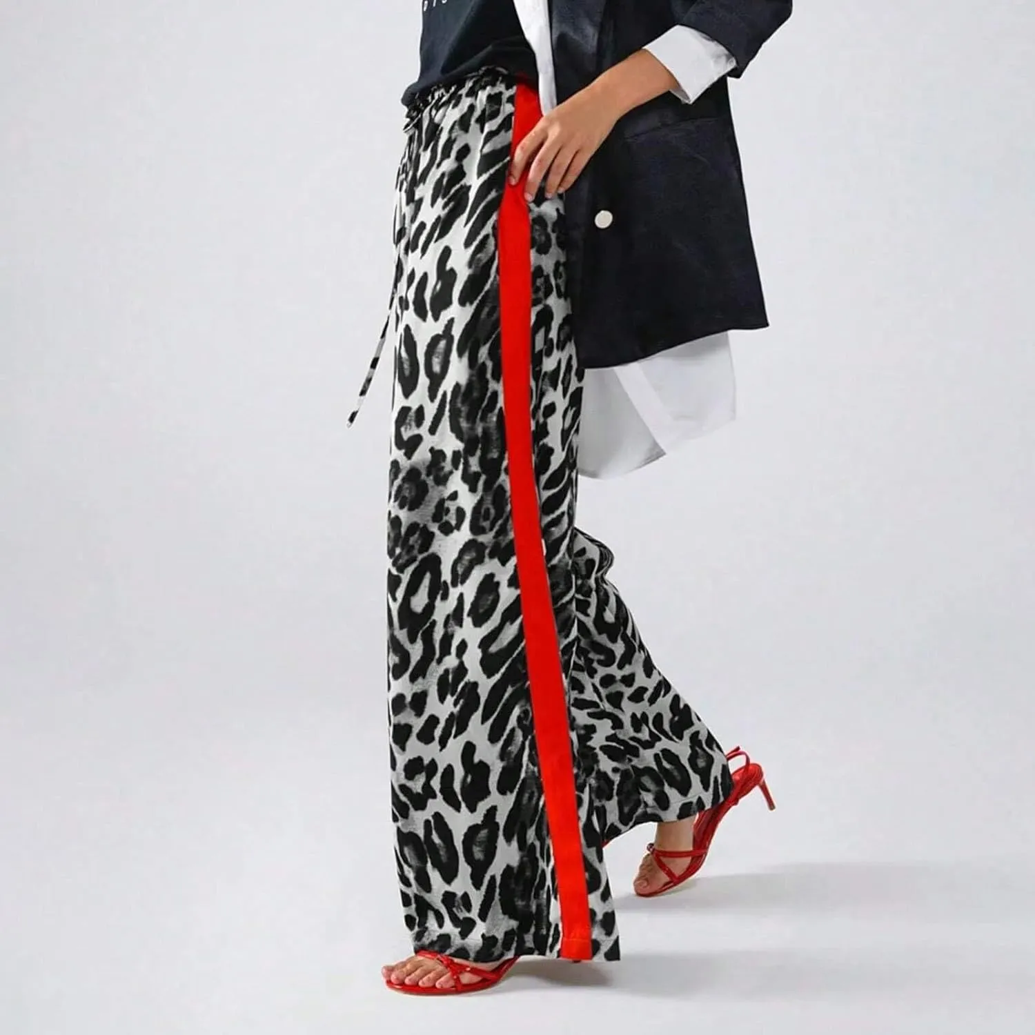 Women's Casual High Waisted Pants Retro Leopard Print Side Striped Wide Leg Slim Pants for Streetwear Baddie Style