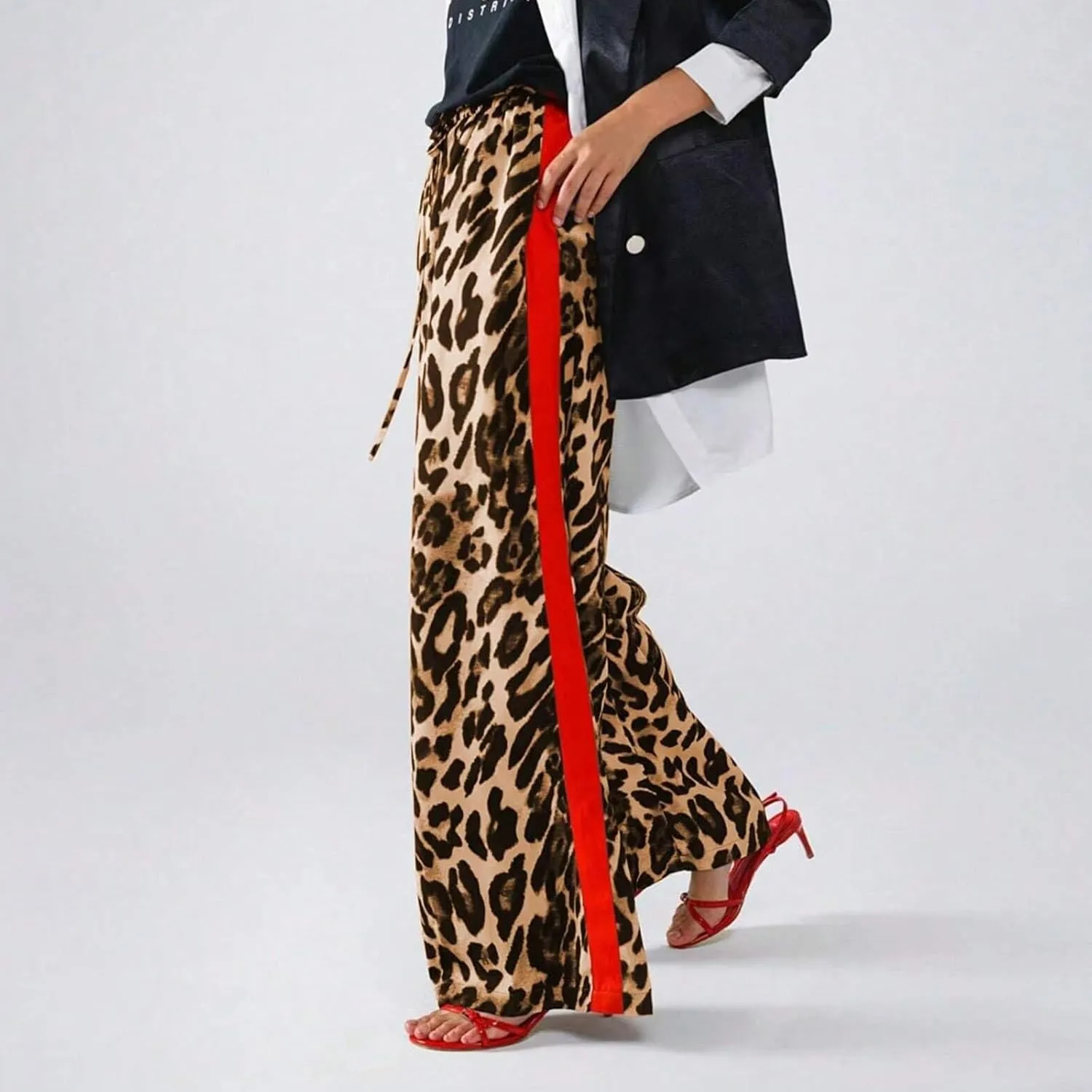 Women's Casual High Waisted Pants Retro Leopard Print Side Striped Wide Leg Slim Pants for Streetwear Baddie Style