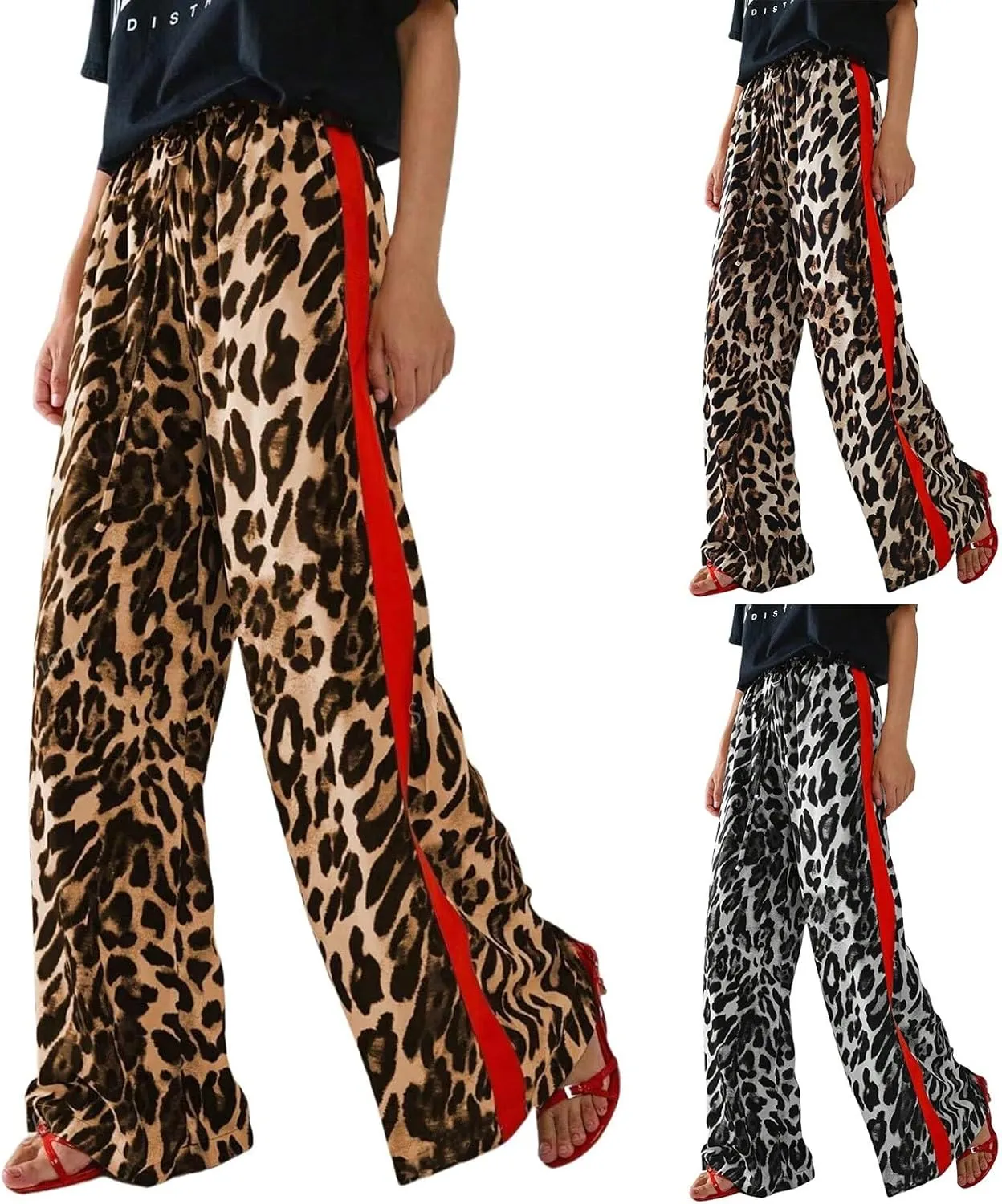 Women's Casual High Waisted Pants Retro Leopard Print Side Striped Wide Leg Slim Pants for Streetwear Baddie Style