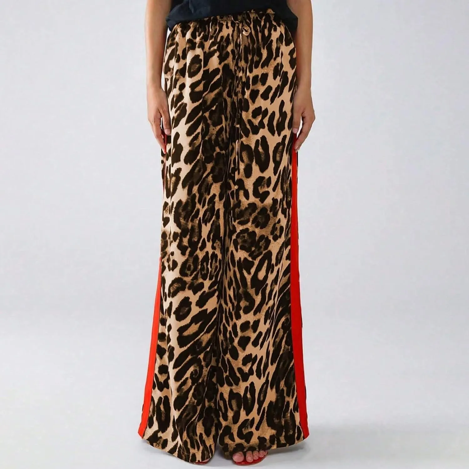 Women's Casual High Waisted Pants Retro Leopard Print Side Striped Wide Leg Slim Pants for Streetwear Baddie Style