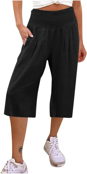 Womens Casual Linen Wide Leg Pants Summer High Waisted Lounge Pants Beach Travel Vacation Flowy Trousers