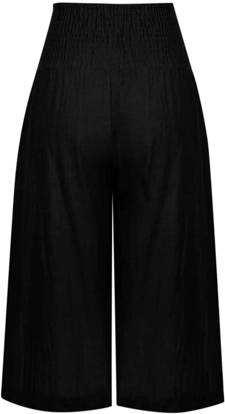 Womens Casual Linen Wide Leg Pants Summer High Waisted Lounge Pants Beach Travel Vacation Flowy Trousers