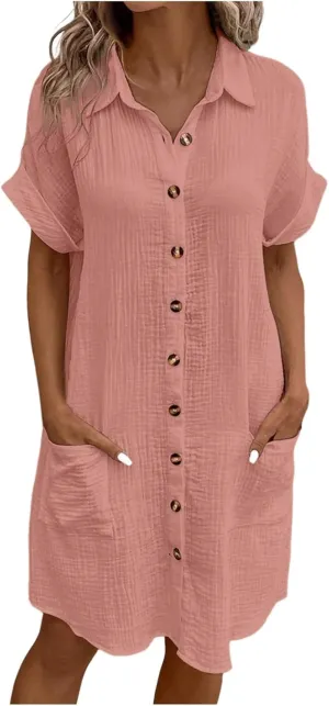 Womens Casual Loose Button Down Shirt Dress Cotton Linen Short Sleeve Fashion Beach Cover Ups Blouse Dress with Pocket