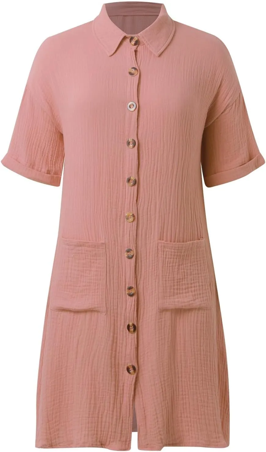 Womens Casual Loose Button Down Shirt Dress Cotton Linen Short Sleeve Fashion Beach Cover Ups Blouse Dress with Pocket