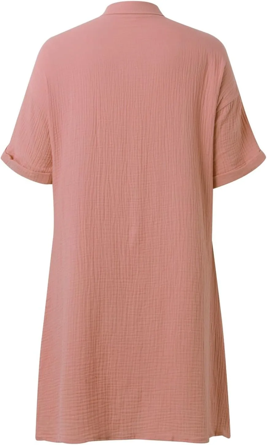 Womens Casual Loose Button Down Shirt Dress Cotton Linen Short Sleeve Fashion Beach Cover Ups Blouse Dress with Pocket