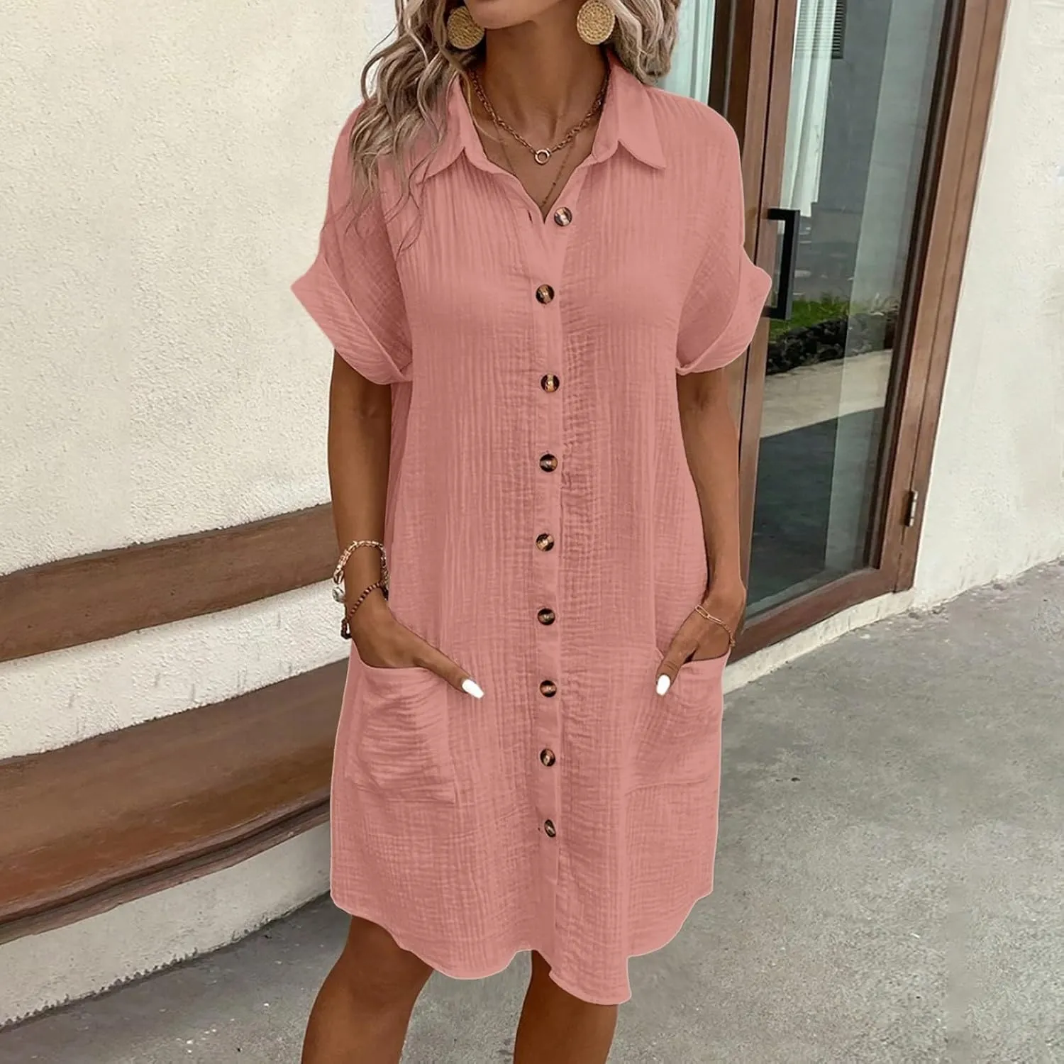 Womens Casual Loose Button Down Shirt Dress Cotton Linen Short Sleeve Fashion Beach Cover Ups Blouse Dress with Pocket