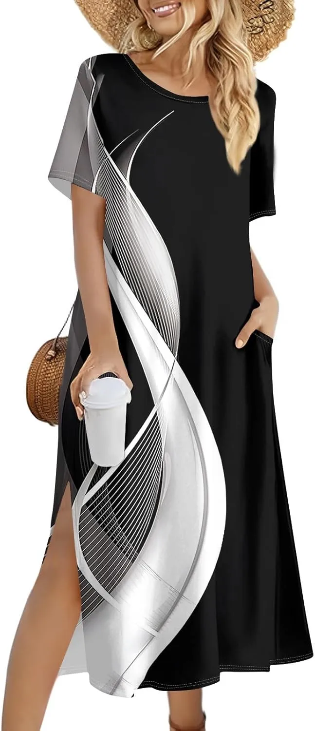 Women's Casual Loose Fit Short Sleeve Midi Dress with Side Slits Comfortable Summer Beach Wear