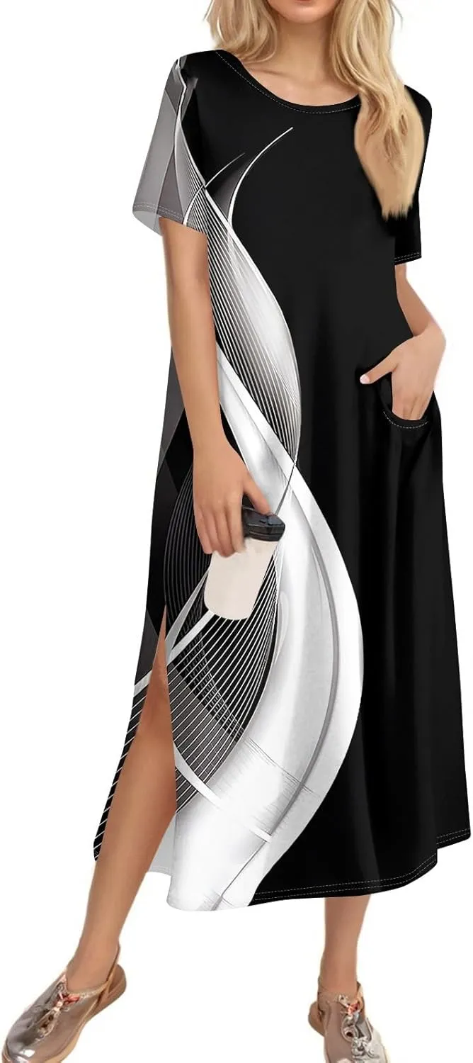 Women's Casual Loose Fit Short Sleeve Midi Dress with Side Slits Comfortable Summer Beach Wear