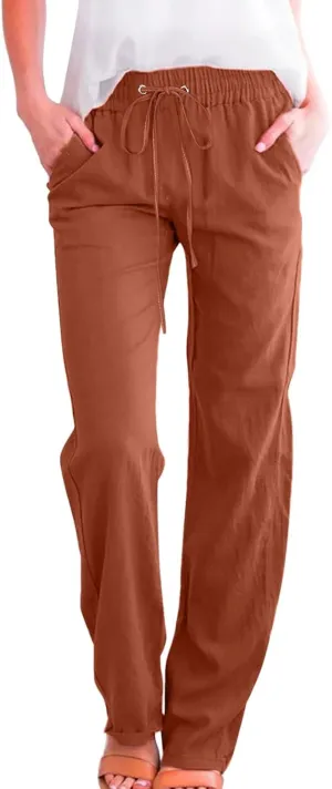 Womens Casual Pants Solid Color Elastic High Waist Straight Leg Jogger Pant Drawstring Lounge Trouser with Pocket