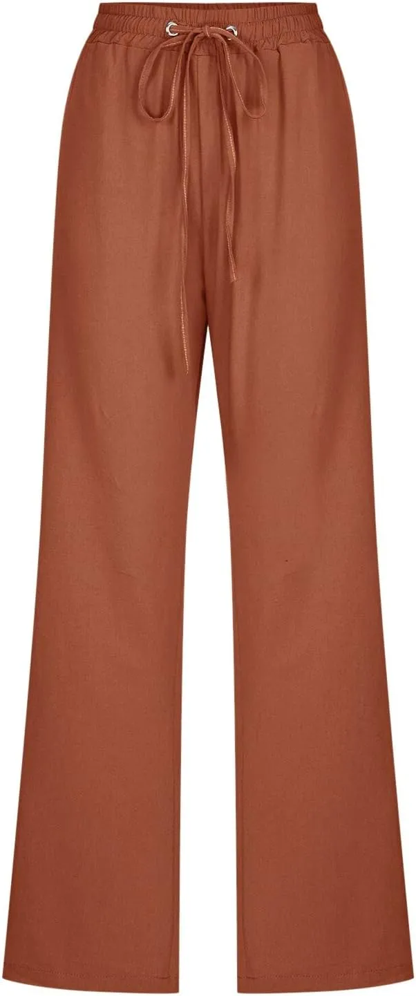 Womens Casual Pants Solid Color Elastic High Waist Straight Leg Jogger Pant Drawstring Lounge Trouser with Pocket