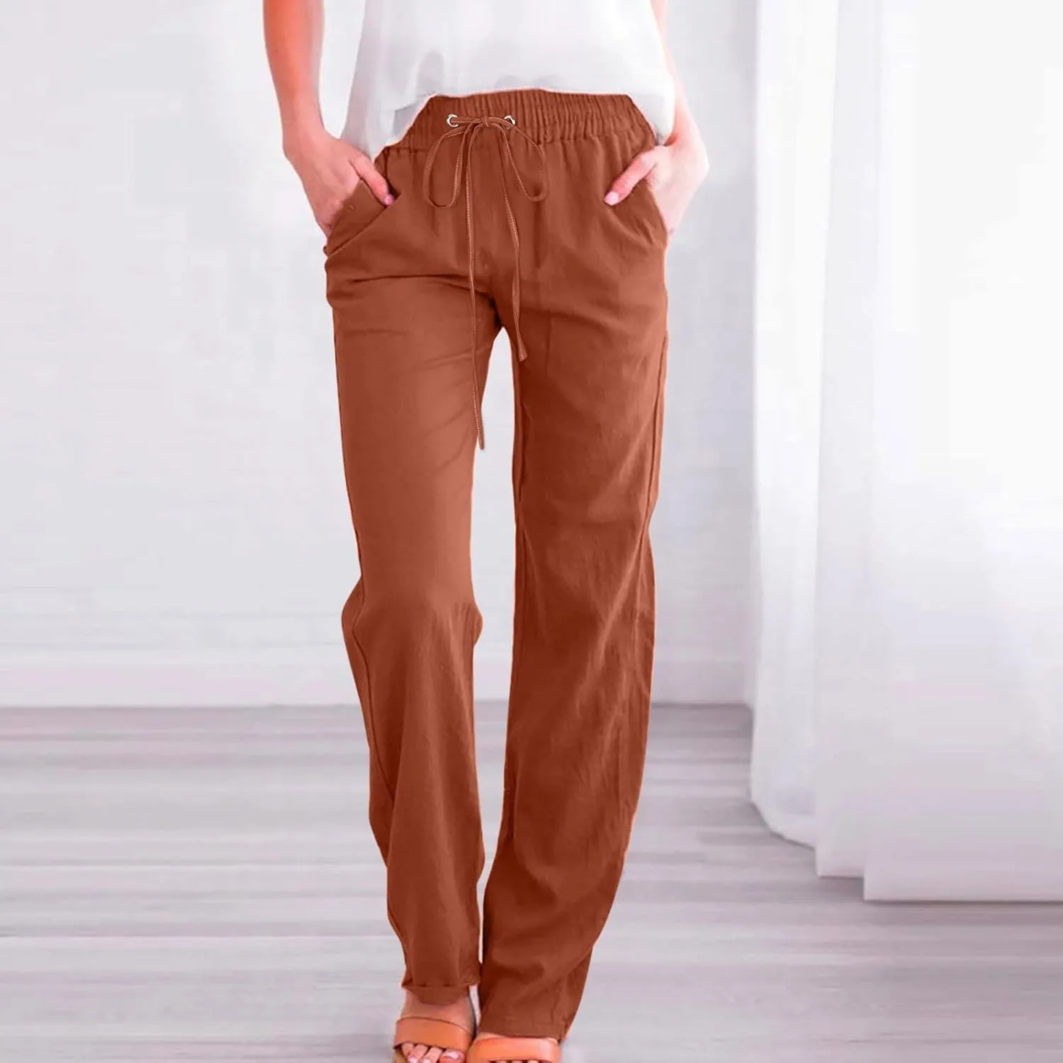 Womens Casual Pants Solid Color Elastic High Waist Straight Leg Jogger Pant Drawstring Lounge Trouser with Pocket