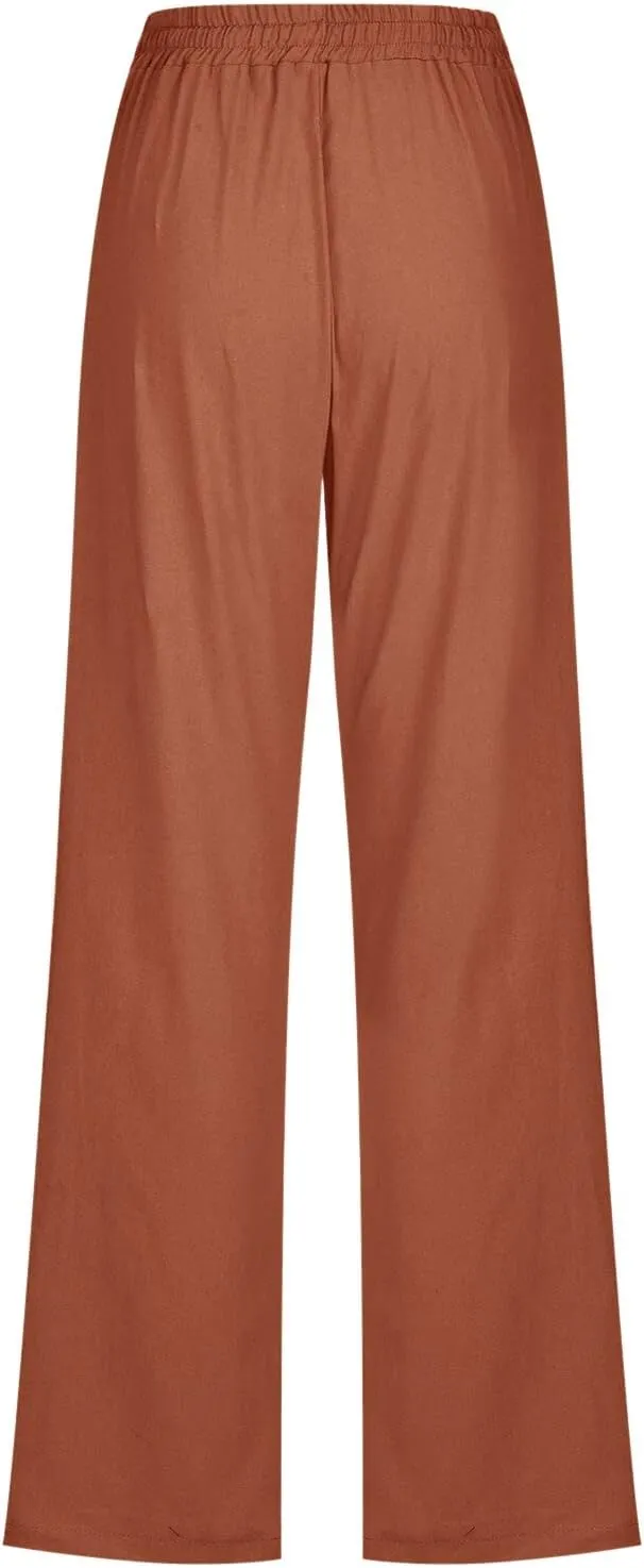 Womens Casual Pants Solid Color Elastic High Waist Straight Leg Jogger Pant Drawstring Lounge Trouser with Pocket