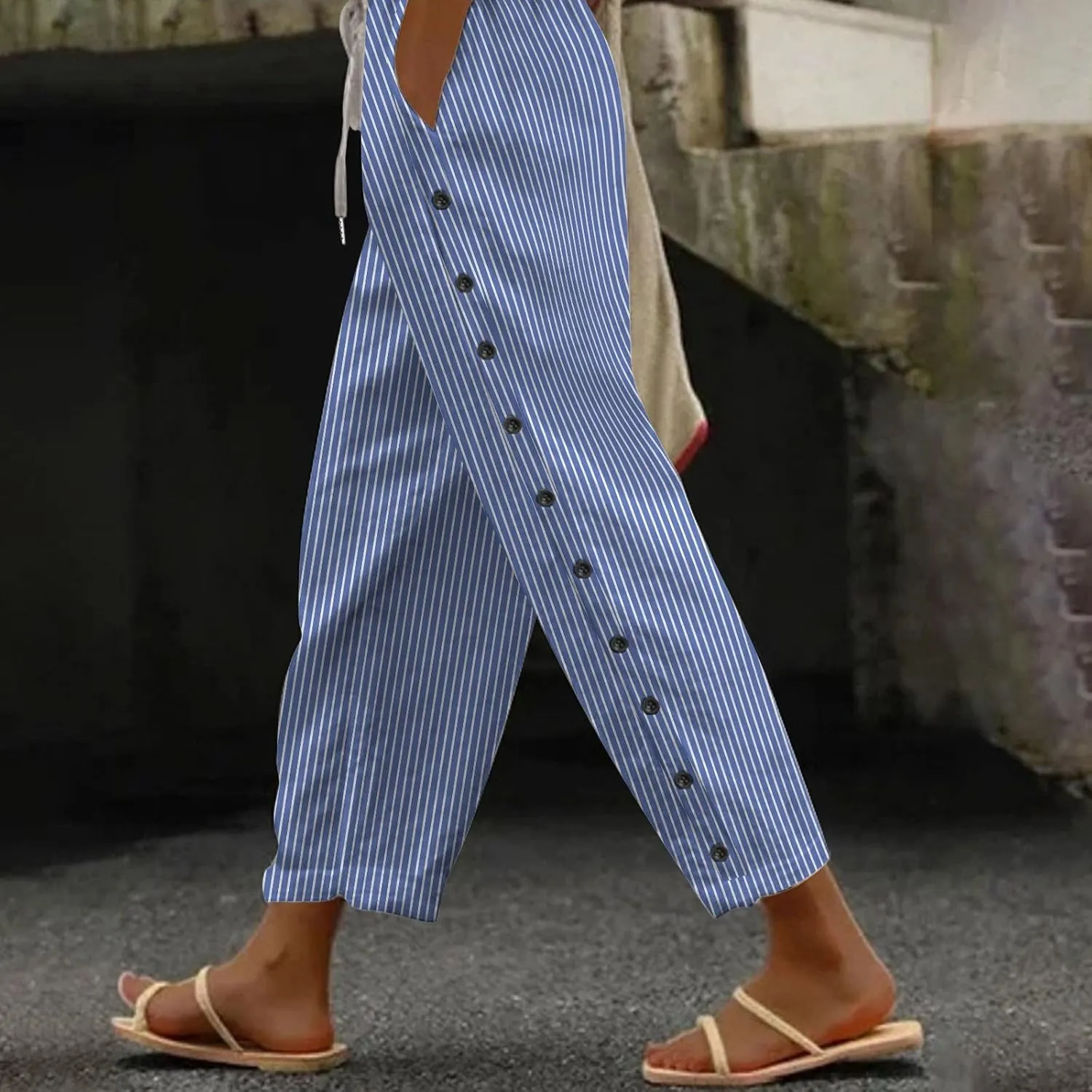 Women's Casual Pants Striped Side Button Elastic Waist Trendy Pants Straight Leg Baggy Trousers with Pocket